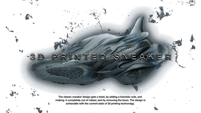 Luonnoskuva 3D-tulostuksen mahdollisuuksista kenkien suunnittelussa.