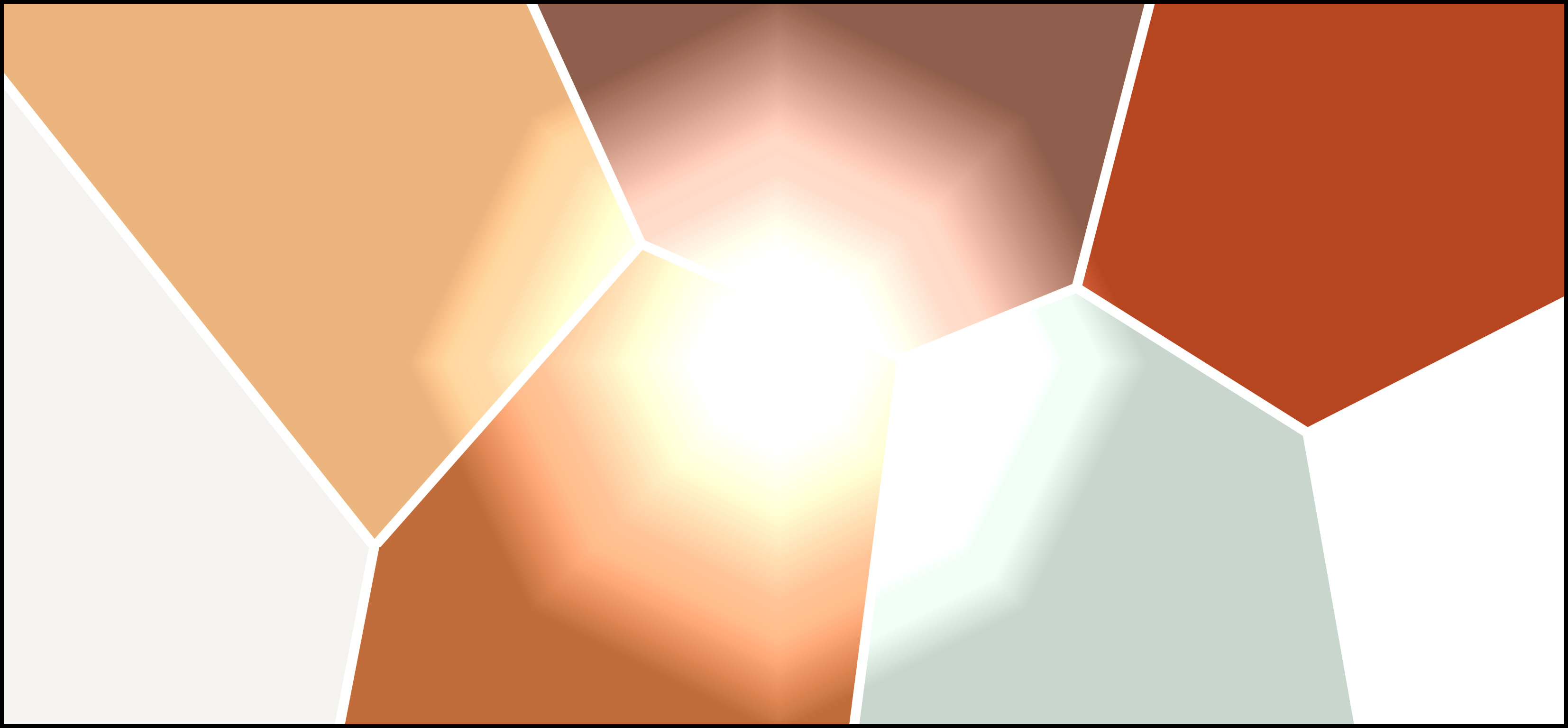 Teoskuva: eri ruskean ja harmaan sävyisiä kulmikkaita muotoja, keskellä valokehä