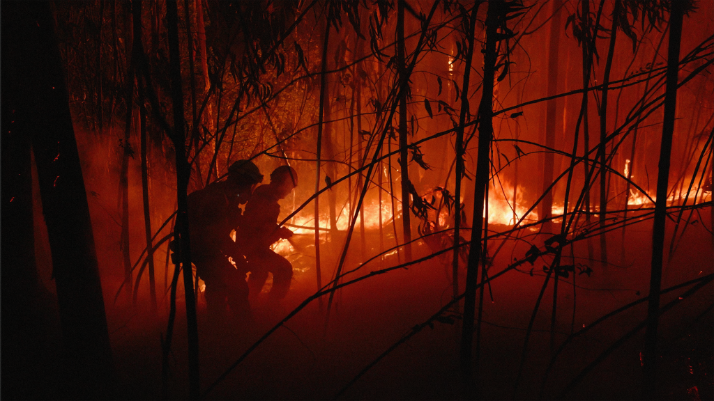 Two firefighters extinguishing a forest fire.